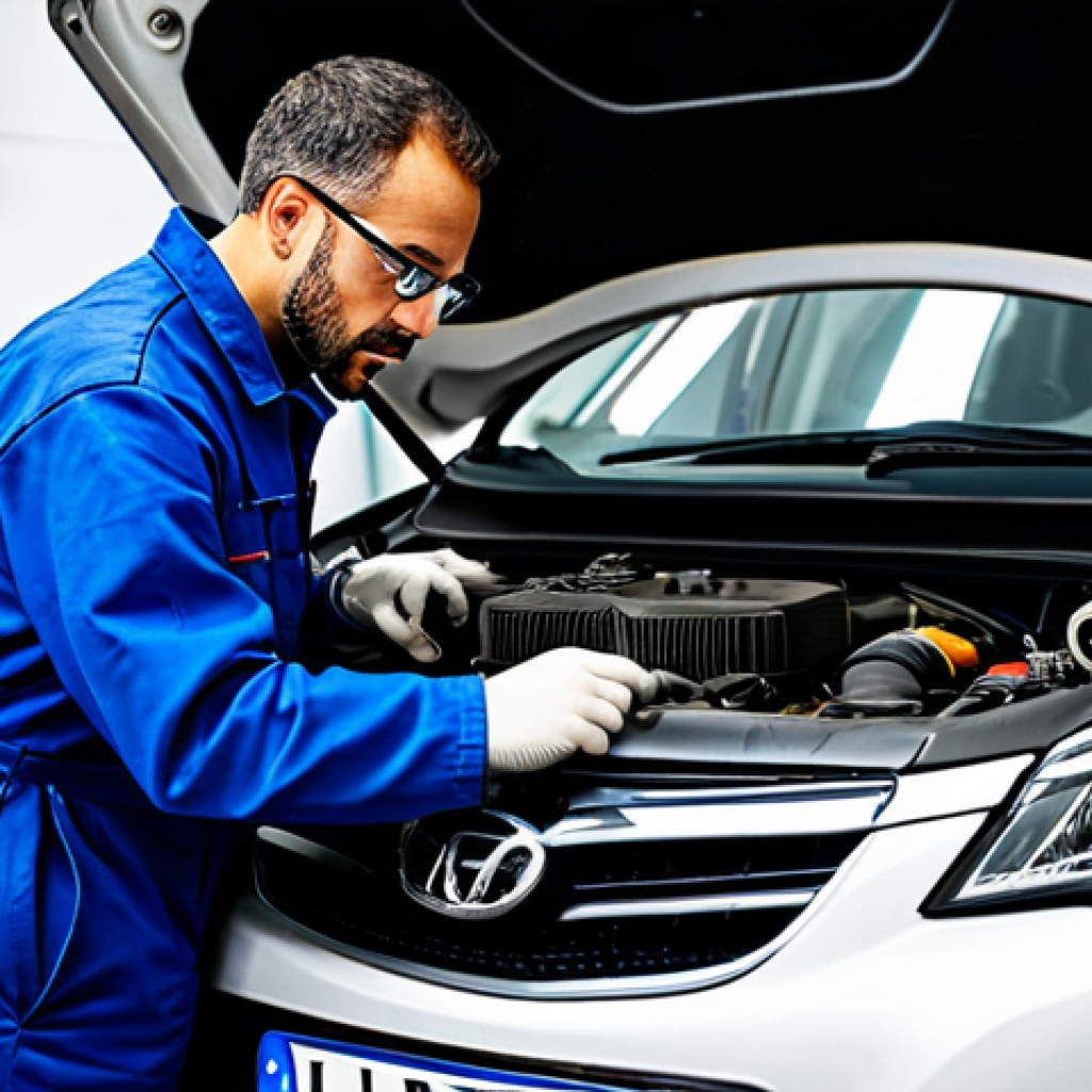 자동차정비 자격증 시험 합격률 분석 - ** A skilled mechanic in a clean, well-lit *taller automotriz* (auto repair shop) in Madrid, wearing...