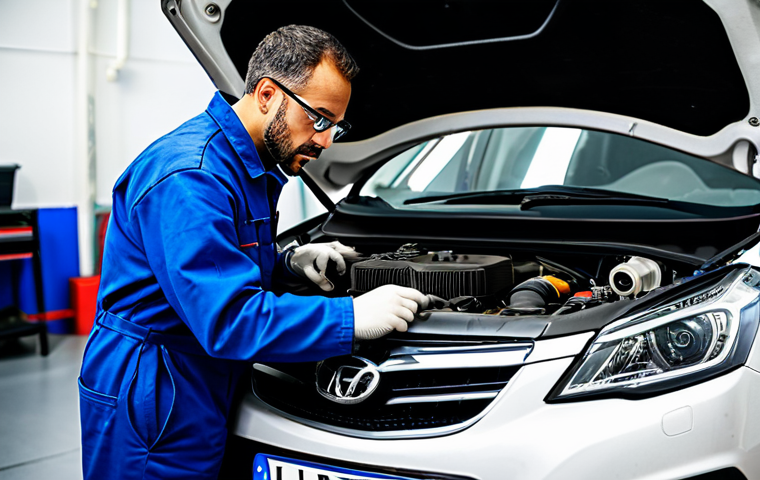 자동차정비 자격증 시험 합격률 분석 - ** A skilled mechanic in a clean, well-lit *taller automotriz* (auto repair shop) in Madrid, wearing...