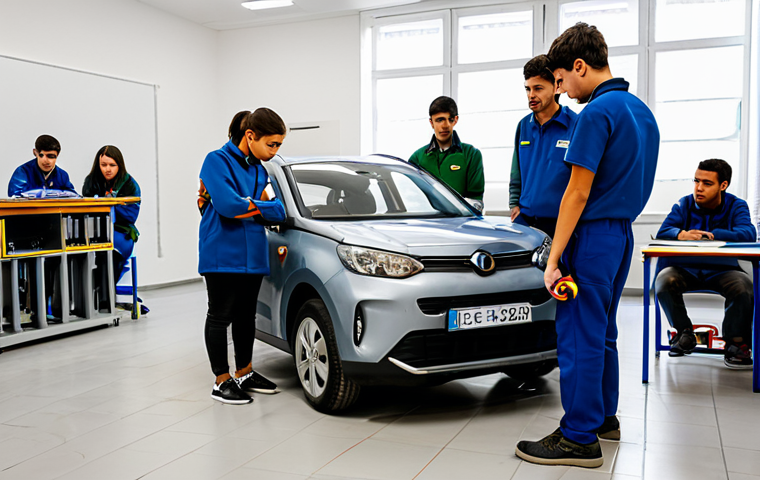 자동차정비 자격증 시험 합격률 분석 - ** A skilled mechanic in a clean, well-lit *taller automotriz* (auto repair shop) in Madrid, wearing...