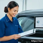 Home 18 자동차정비사로서 정비 보고서 작성 요령 - **Prompt:** A clean, brightly lit car repair workshop with a professional male mechanic, late 30s, w...