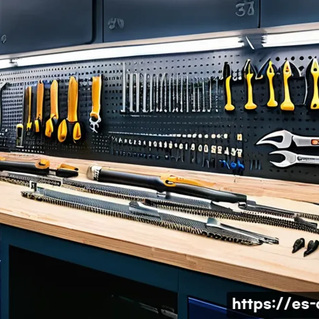 자동차정비 실기 시험 필수 장비 - A well-organized automotive workshop bench featuring an array of essential hand tools including adju...