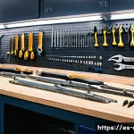 Home 16 자동차정비 실기 시험 필수 장비 - A well-organized automotive workshop bench featuring an array of essential hand tools including adju...