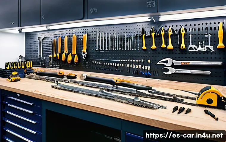 자동차정비 실기 시험 필수 장비 - A well-organized automotive workshop bench featuring an array of essential hand tools including adju...
