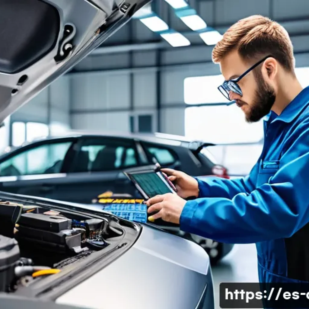 자동차정비사로서 인정받는 노하우 - A modern automotive workshop scene with a skilled mechanic using advanced digital diagnostic tools o...