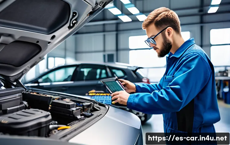 자동차정비사로서 인정받는 노하우 - A modern automotive workshop scene with a skilled mechanic using advanced digital diagnostic tools o...