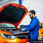 자동차정비사 취업 전략 - A modern automotive workshop scene featuring a skilled Hispanic male mechanic in his 30s, wearing pr...