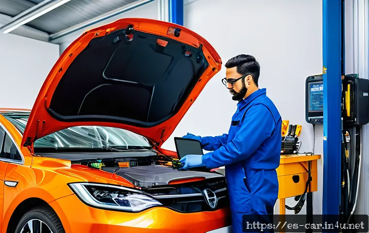 자동차정비사 취업 전략 - A modern automotive workshop scene featuring a skilled Hispanic male mechanic in his 30s, wearing pr...