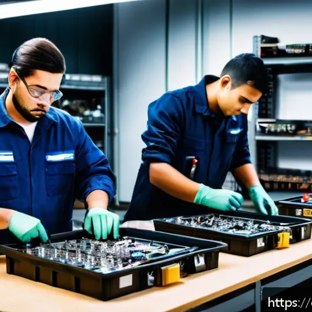 자동차정비 실습실에서 유용한 팁 - A well-organized automotive workshop scene focused on a group of young Hispanic technicians preparin...