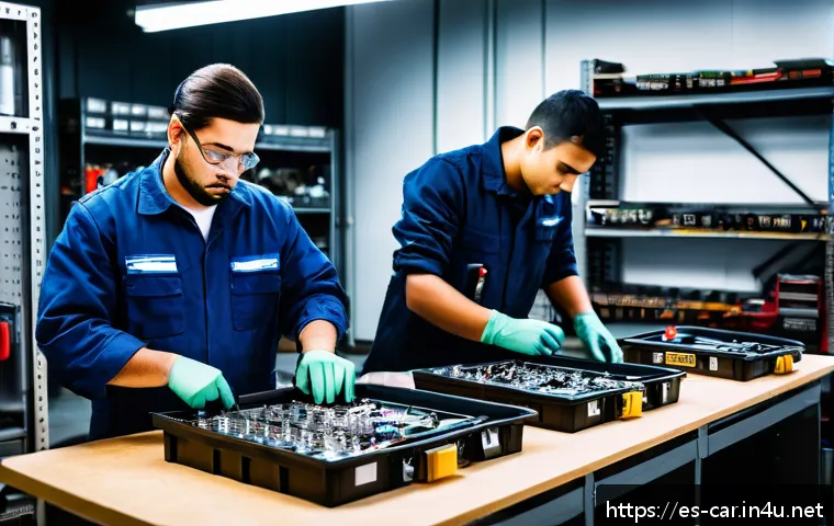 자동차정비 실습실에서 유용한 팁 - A well-organized automotive workshop scene focused on a group of young Hispanic technicians preparin...