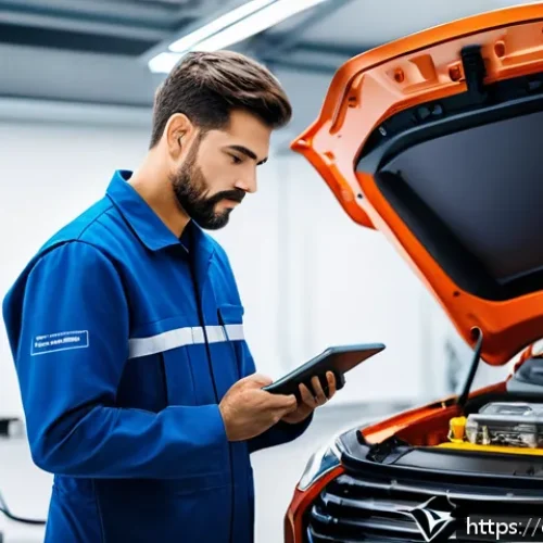 자동차정비 직업으로서의 장점과 단점 - A modern automotive workshop scene in Spain featuring a skilled mechanic in protective uniform worki...