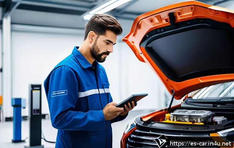 자동차정비 직업으로서의 장점과 단점 - A modern automotive workshop scene in Spain featuring a skilled mechanic in protective uniform worki...