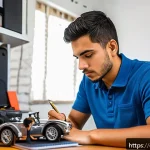 자동차정비 자격증 학습 자료 무료 다운로드 - A focused young Hispanic man studying automotive mechanics at a well-organized desk in a bright, coz...