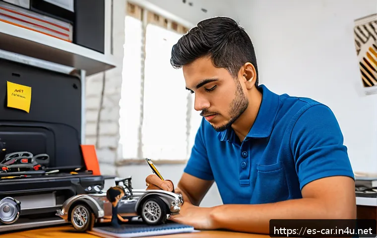 자동차정비 자격증 학습 자료 무료 다운로드 - A focused young Hispanic man studying automotive mechanics at a well-organized desk in a bright, coz...