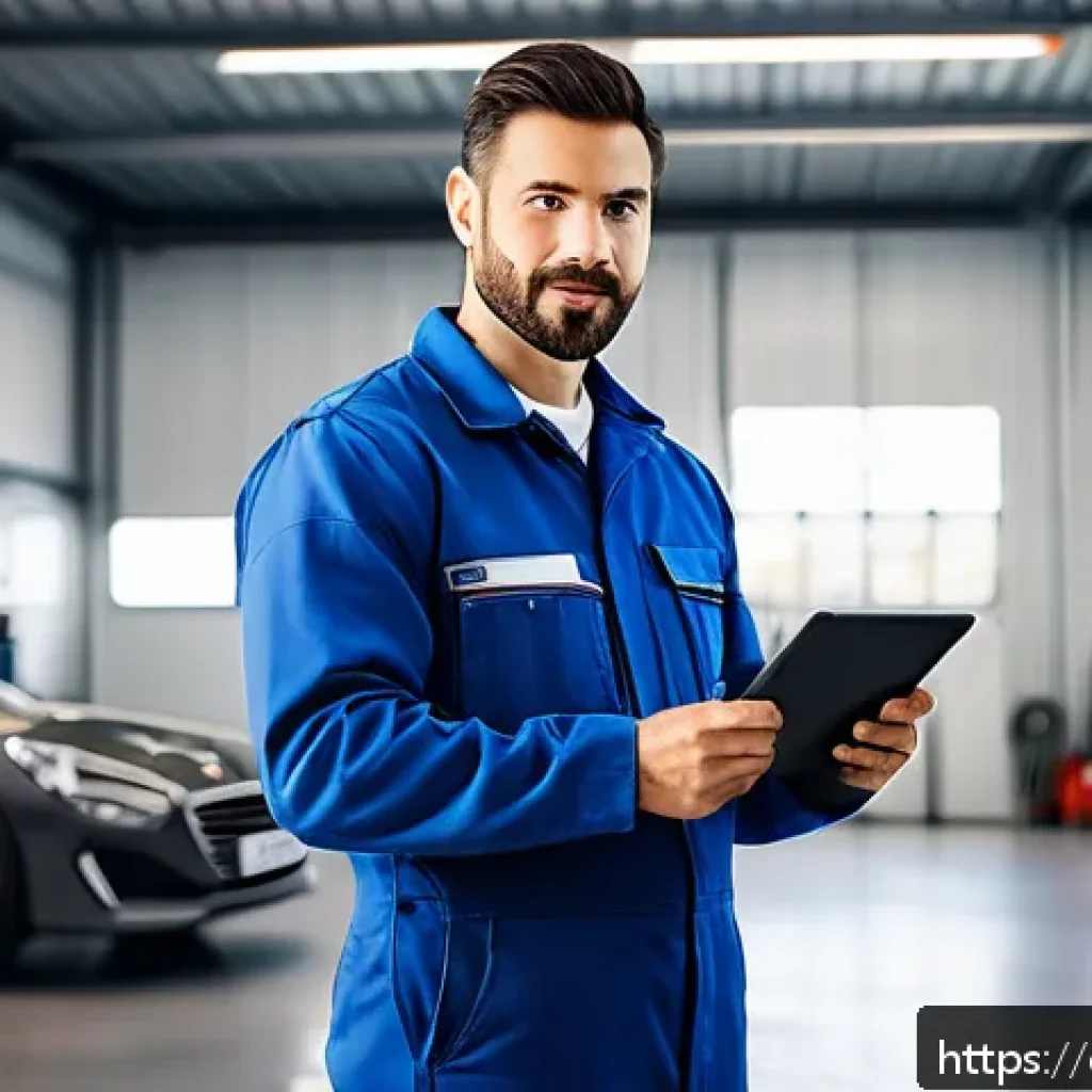 자동차정비사 연봉 협상 성공 사례 - A confident male mechanic in his mid-30s, wearing clean, professional work overalls and safety boots...