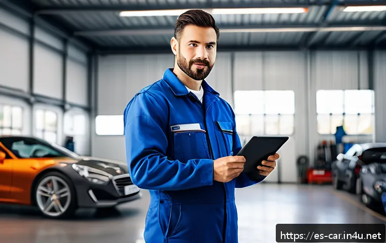 자동차정비사 연봉 협상 성공 사례 - A confident male mechanic in his mid-30s, wearing clean, professional work overalls and safety boots...