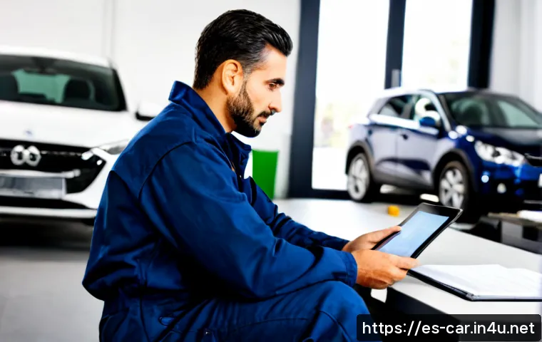 Home 17 자동차정비사 경력직 면접 질문 모음 - Photorealistic job interview in a modern Spanish automotive repair workshop office, experienced auto...