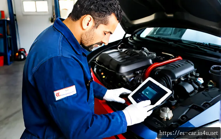 자동차정비사로 일하며 직면하는 도전 - Photorealistic Spanish auto mechanic in clean navy coveralls inspecting a complex engine compartment...